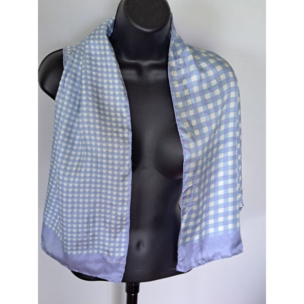 Vintage Echo Blue & White Gingham Silk Scarf Rectangular Lightweight Womens